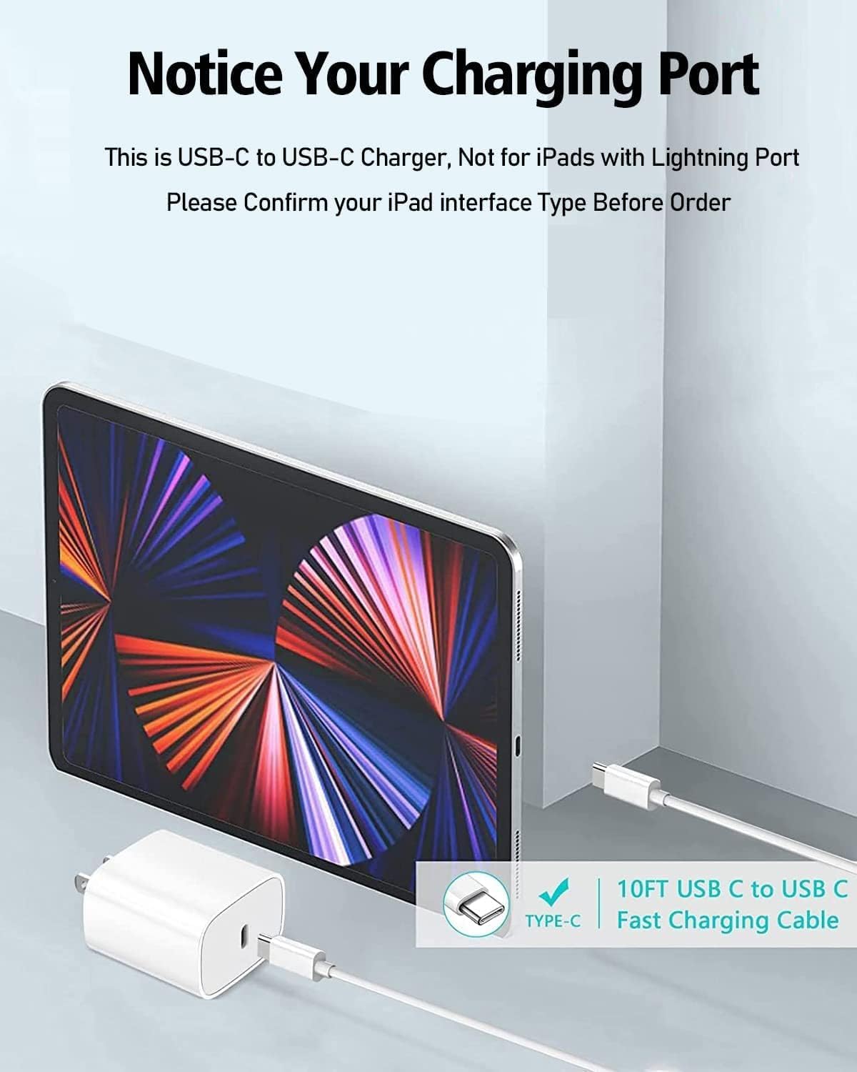 10FT iPad Charger Cord, 20W USB C Fast Charger with Long Charging Cable for iPad Pro 13/12.9/11 inch, iPad 10th Generation, iPad A16 11th Generation, iPad Air 13/11 inch/5th/4th, iPad mini 6/7th
