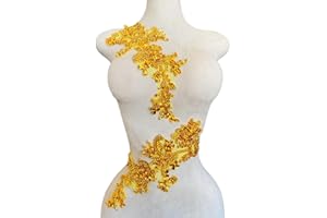 XZG.BEATAL Handmade Rhinestones Bodice lace Applique handsewing Beads Sequins Trim Patches for Dress Clothes Accessories one Set/Bag 5.5X14inches (Gold)
