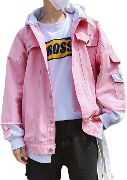 Amazon Zhongjue ジュージェン デニムジャケット メンズ ゆったり 韓国 アウター ファッション フード付き ジージャン 無地ピンク ストリート系 春 メンズジャケット コート ジャケット 通販