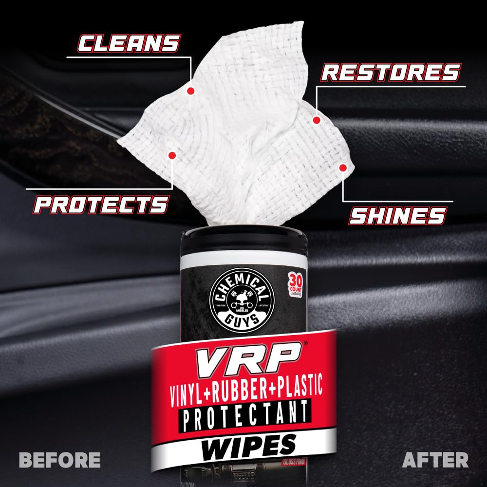 Condition photo showing As Is for chemical guys vrp, vinyl, rubber, plastic, shine & protectant canister wipes, great for cars, trucks