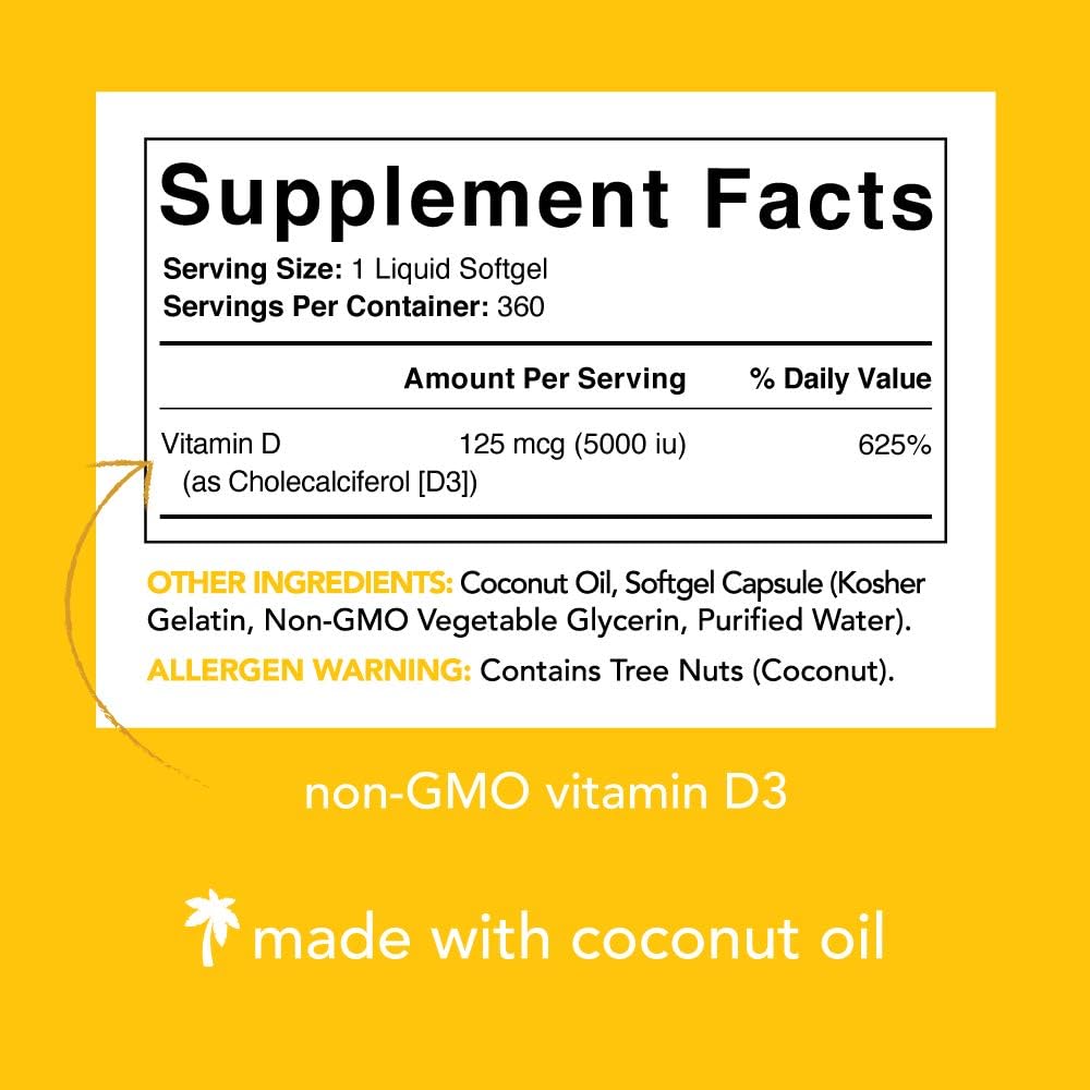Vitamin D3 (5000iu/125mcg) Infused with Coconut Oil ~ Non-GMO & Gluten Free (360 Mini Liquid Softgels): Health & Personal Care