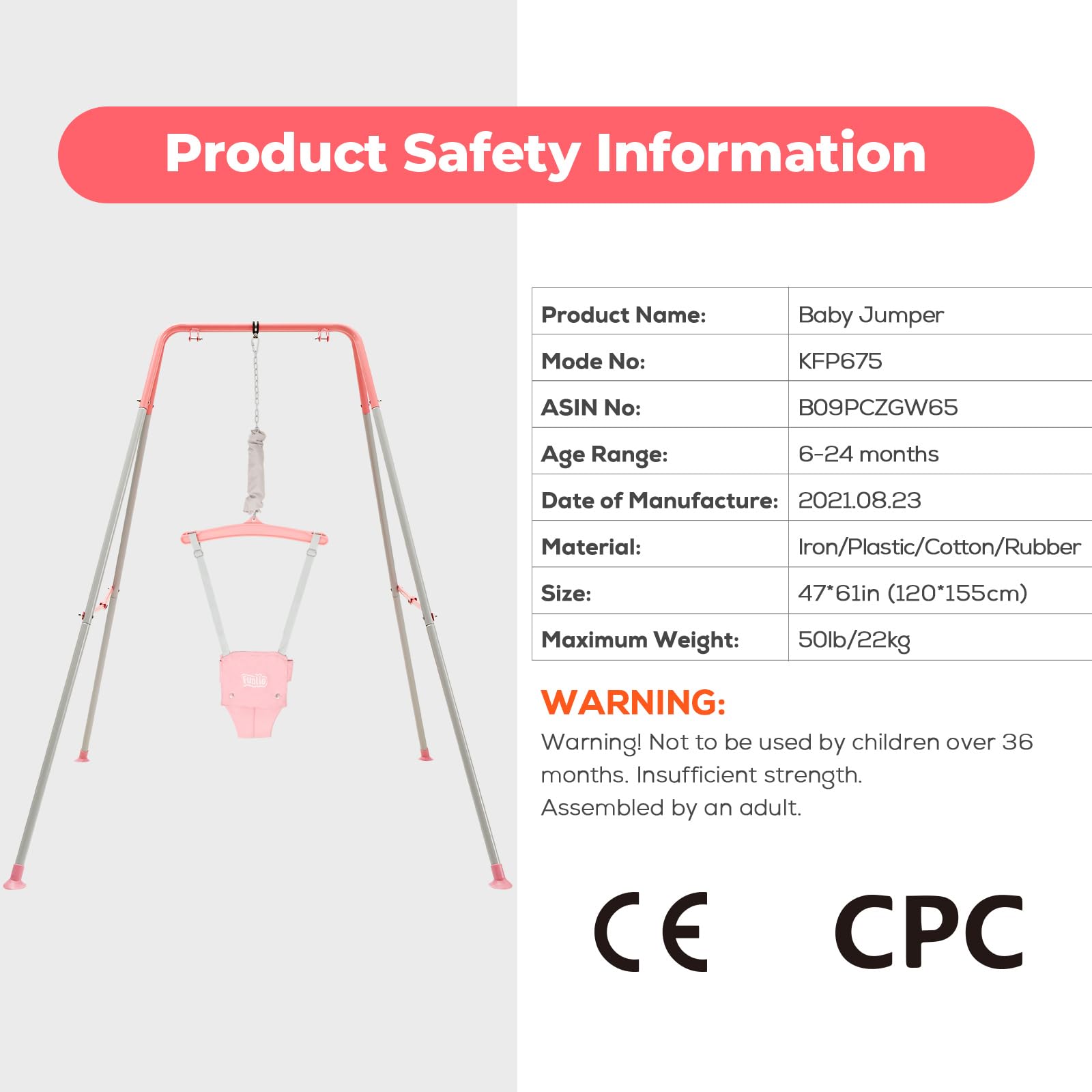 FUNLIO Baby Jumper with Stand for 6-24 Months, Infant Jumper for Indoor/Outdoor Play, Toddler Jumper for Baby Girl/Boy, with Adjustable Chain, Easy to Assemble & Store (with Stand) - Pink