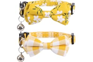 LAMPHYFACE 2 Pack/Set Cat Collar Breakaway with Cute Bow Tie and Bell Plaid Flower for Kitty Adjustable Safety