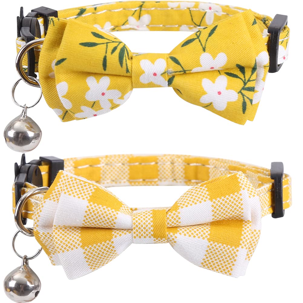 Lamphyface 2 Pack/Set Cat Collar Breakaway with Cute Bow Tie and Bell Plaid Flower for Kitty Adjustable Safety,Yellow