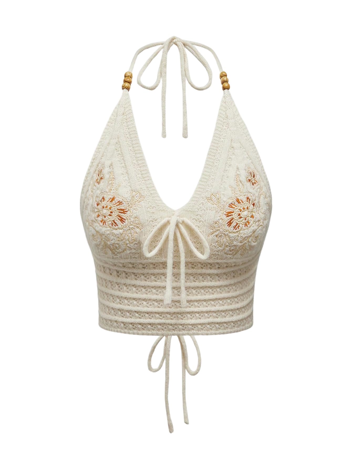Photo 1 of SHENHE Women's Open Back Knitted Halter Crop Top Tie Backless Embroidered Hippie Top Apricot Flower X-Small