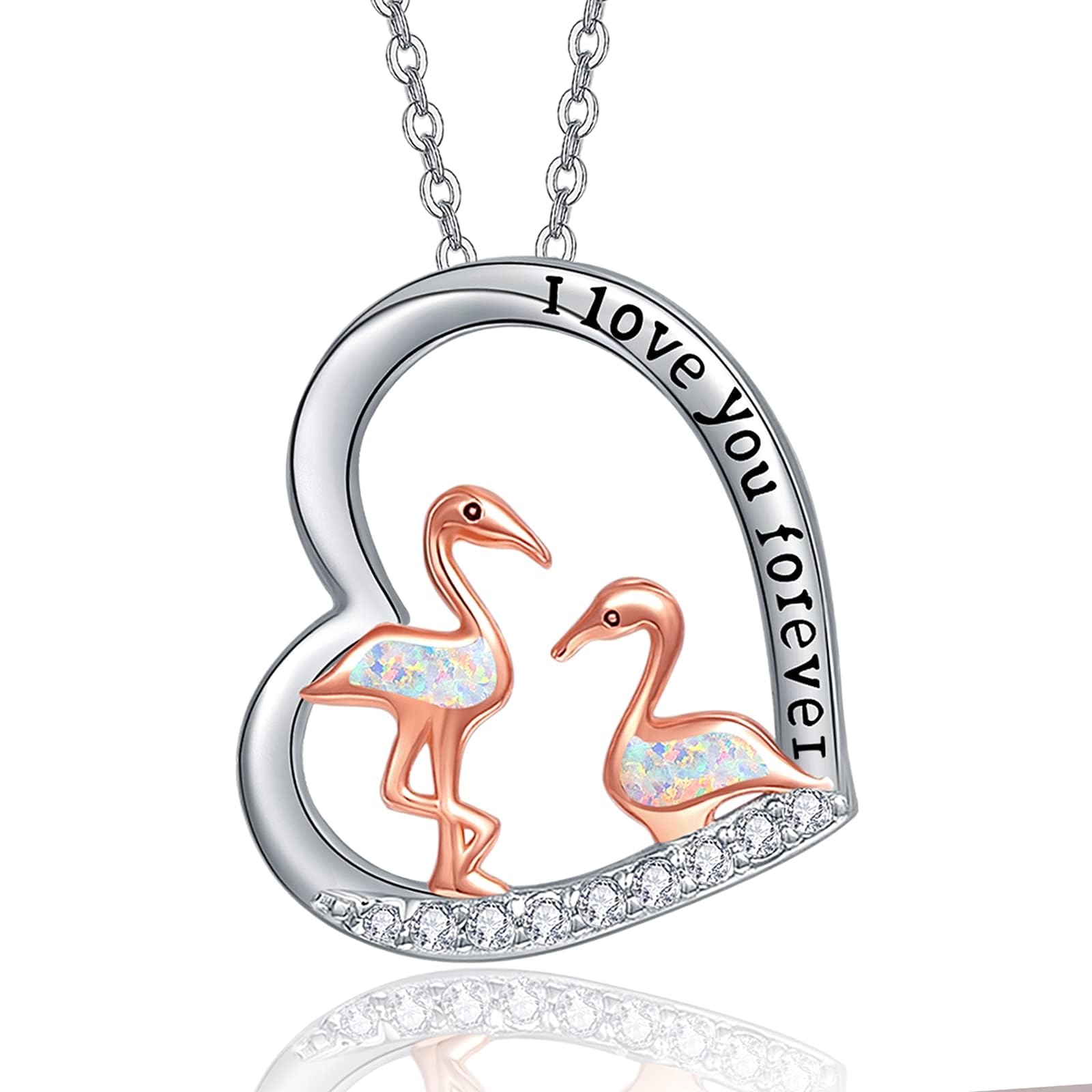 KINGWHYTE Flamingo Necklace 925 Sterling Silver Heart I Love You Forever Pendant Necklace Flamingo Jewellery Gifts for Women Girls