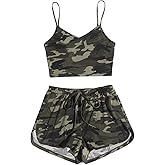 RoseSeek Women's 2 Piece Camo Summer Outfits Spaghetti Strap Crop Camisole Tops and Mini Shorts Set