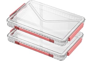 RHONZHAO 2 Pack Clear Plastic File Storage Boxes with Latching Lids, Transparent Certificate Organizer with Handle, Portable Project Case for Drawers, Clear Stackable File Box (‎Red Latches, Small)