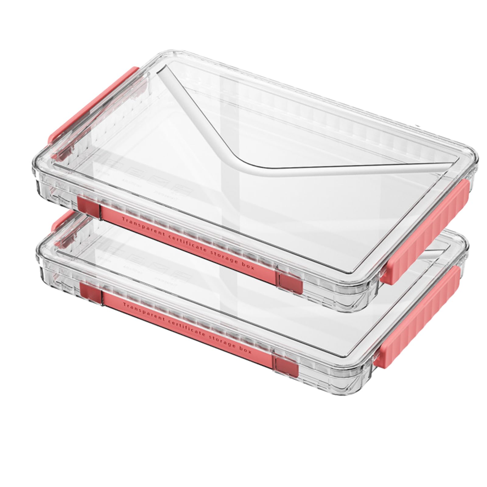 Photo 1 of RHONZHAO 2 Pack Clear Plastic File Storage Boxes with Latching Lids, Transparent Certificate Organizer with Handle, Portable Project Case for Drawers, Clear Stackable File Box (?Red Latches, Small)