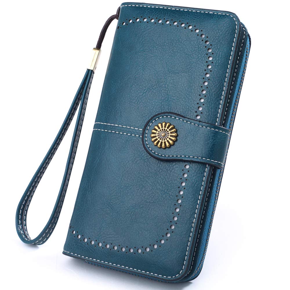 MEEGIRL Leather Purses for Women with Multi Card Slots and Wrist Strap (Blue)