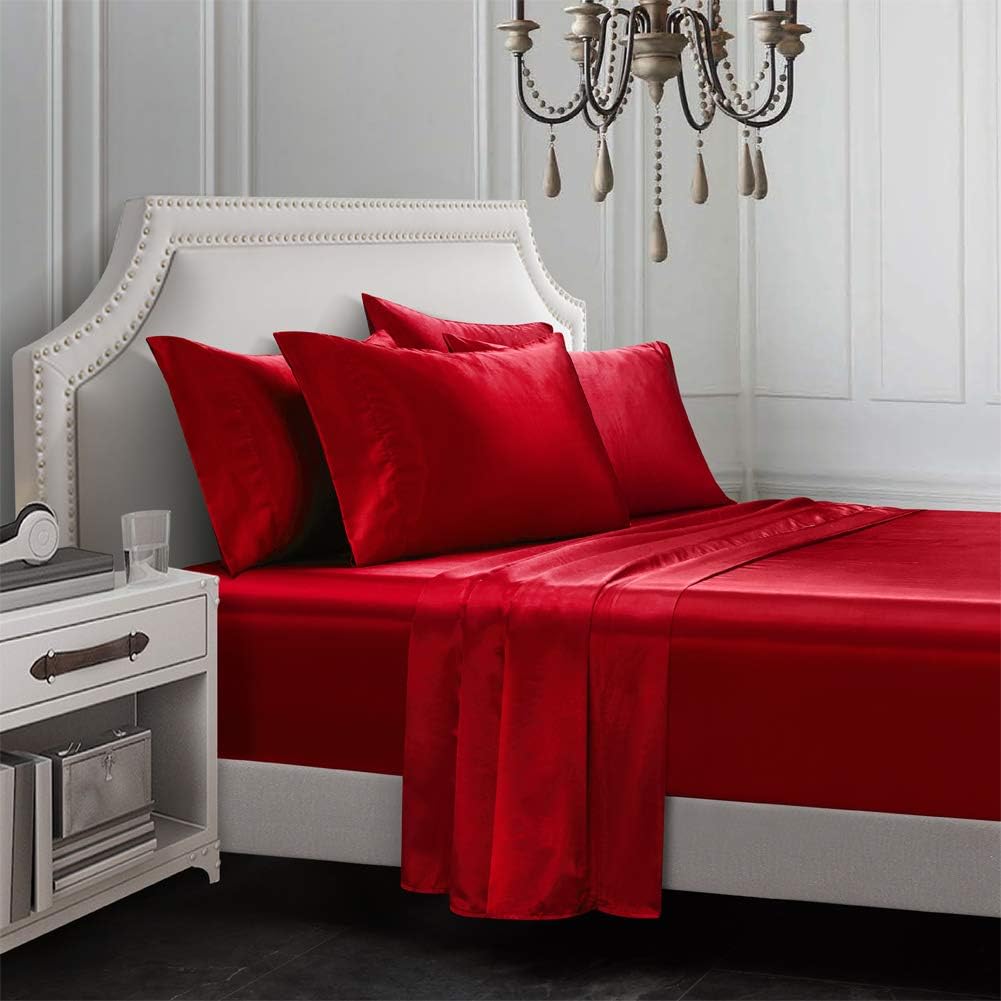 AiMay 6 Piece Satin Bedding Sheet Pillowcase Sets Deep Pocket Luxury Rich Silk Silky Super Soft Solid Color Reversible Sexy Honeymoon Stain-Resistant Wrinkle Free (Queen, Burgundy: Kitchen & Dining