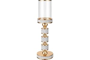 Dounx Pillar Candle Holder with Glass Wind Proof, Metal Hurricane Holders, Gold Crystal Candle Stand for Table Centerpieces, Home Decor, Wedding, Dining Table (L, 1PC)