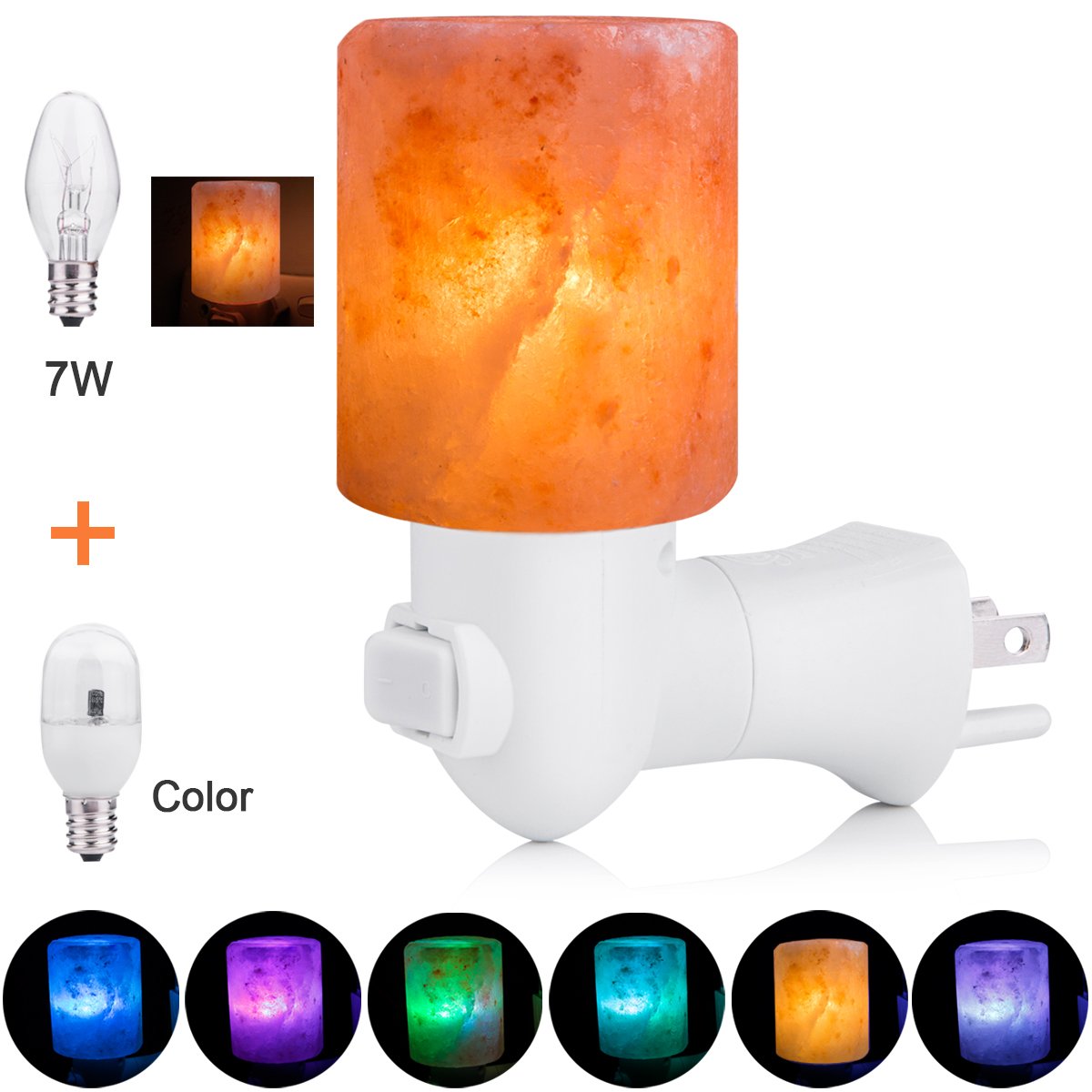 Aurora Salt Lamp Night Light, Mini Hand Carved Glow Pink Sea Crystal Rock with 360 Degree Adjustable Wall Plug, 2 BULBS Incandescent Bulb and Multi LED Color Changing Bulb for Purifying the Air