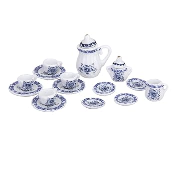 Bighub Dcolor Set of 15pcs 1/12 Dollhouse Miniature Dining Ware Porcelain Tea Pot, Dish, Cup and Plate (Blue)