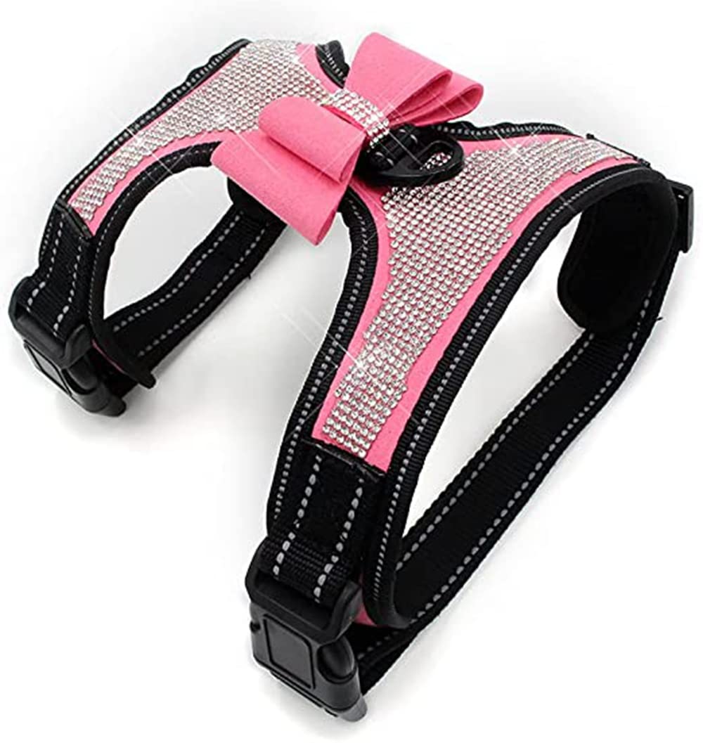 Dog Harness with Rhinestone Reflective, Cute Bling Ties Dog Harness Dog Leash, Reflective Chest Strap with Shiny Bow