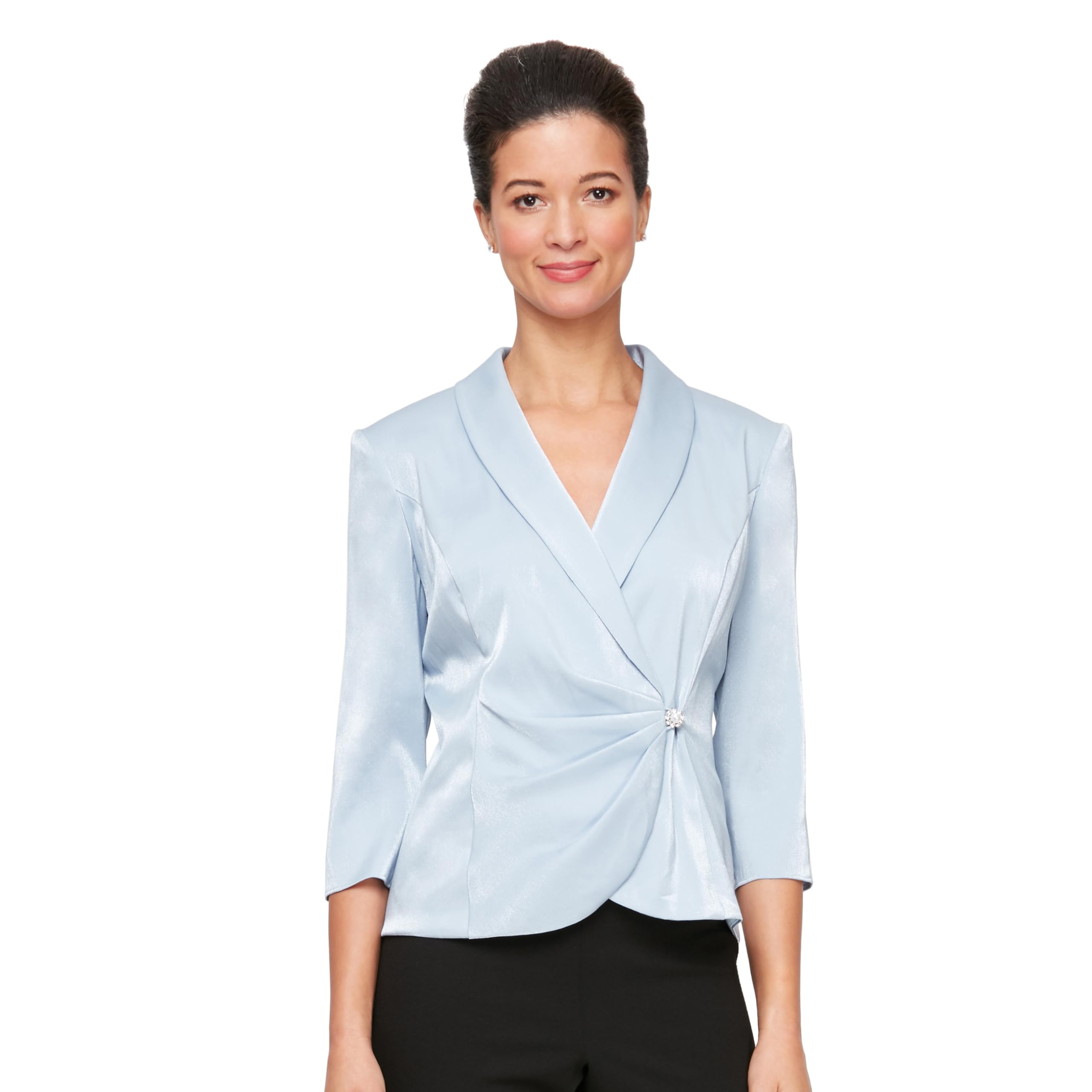 Photo 1 of Alex Evenings Women's 3/4 Sleeve Surplice Neckline Stretch Shimmer Blouse with Embellished Side Closure, Hydrangea Shimmer, X-Large