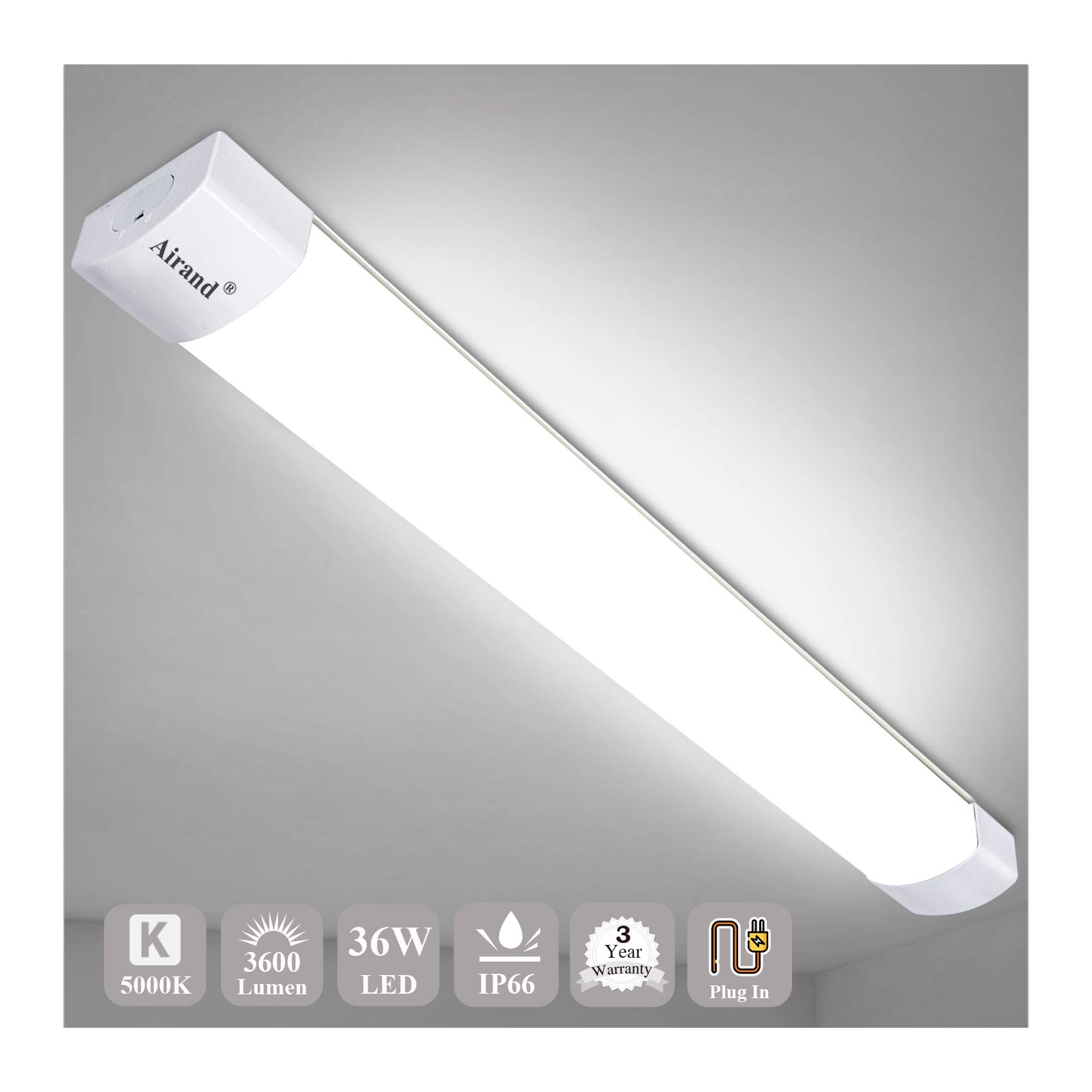 Utility LED Shop Light fixture with Plug, Airand 36W 3600lm Bright White LED Tube Light Ceiling Light for Kitchen, Bedroom, Bathroom, Corded Electric with ON/Off Switch, Linkable, Waterproof IP66, 4FT