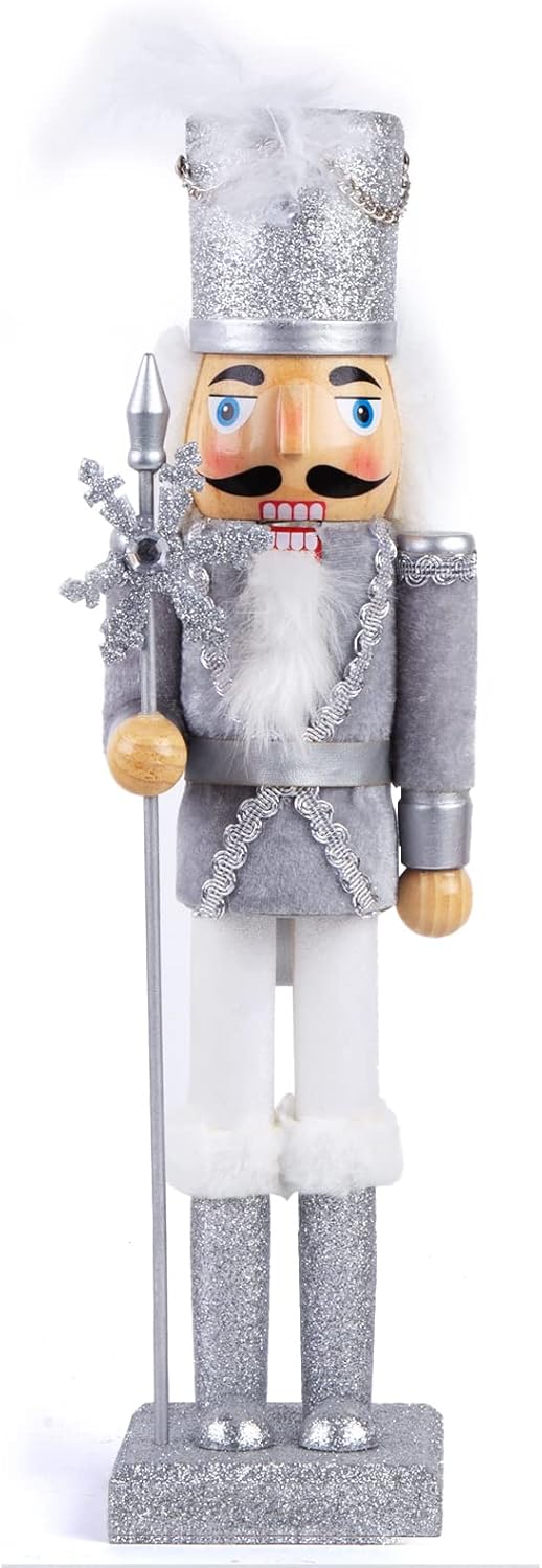 Nutcrackers - AMOR PRESENT 15inch Christmas Nutcracker, Silver Glitter Nutcracker Soldier Large Wooden Nutcracker Soldier Ornament Shelf Table Decoration