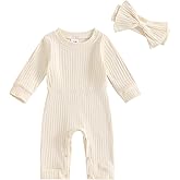 Covvoliy Newborn Baby Girl Fall Outfits Long Sleeve Ribbed Romper Jumpsuit with Headband Set Infant Girl Clothes