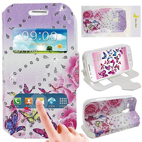 S7562 case, Galaxy S7562 case, Moon mood Double-View Windows Type Durable PU Leather TPU Material Protective Layer Ultra Slim Flip Stand Cover Case for Samsung Galaxy S Duos S7562 4.0 inches((Multi-color Flying Butterfly))