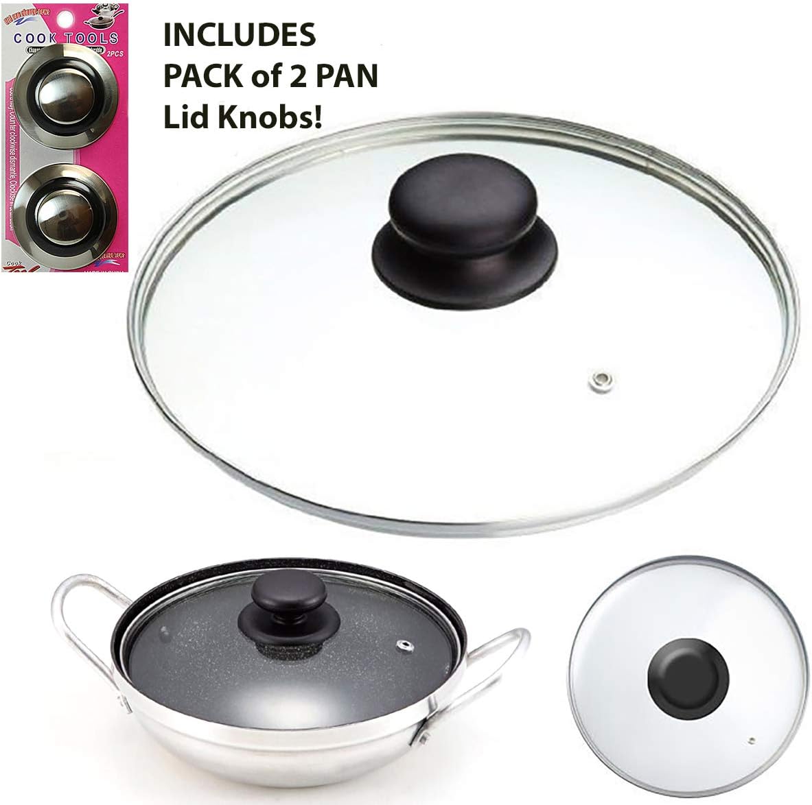 14cm Tempered Glass PAN LID & PK2 Pan Lid KNOBS Replacement Wok Lid