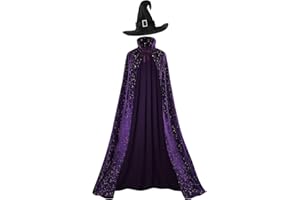 GRAJTCIN Women's Witch Cape Wizard Vampire Full Length Shiny Star Velvet Cloak with Witch Hat Halloween Christmas Costume Set