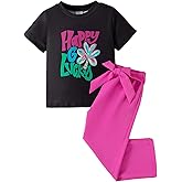 Kids Toddler Girl Clothes Letter Print Graphic Top and Belted Pants 2PC Summer Clothing Set (Prune, 7 Years)