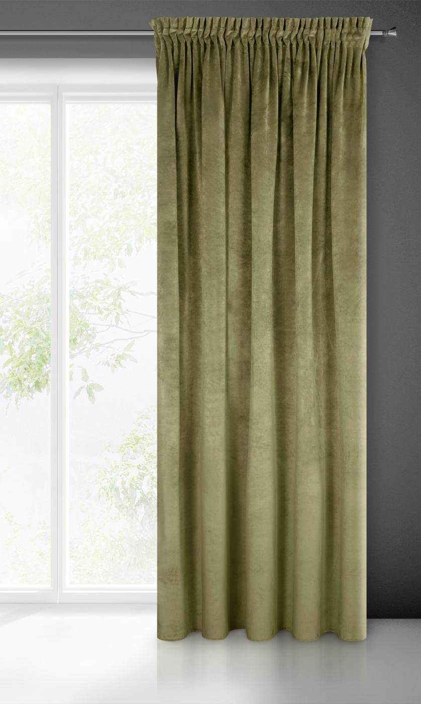 Eurofirany VILLA Soft Plain Opaque Velvet Curtain with Tape For Rail - 1 Unit, Fluffy Panel Drape Classic Glamour Elegant Living Room, Bedroom, 290 g/m2, W55 x L106, Olive Green
