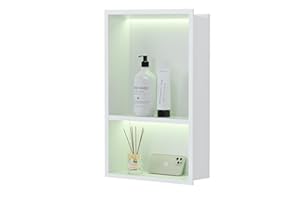 Qeke Stainless Steel Shower Niche 12" X 18", No Tile Needed Wall Niche with RGB Led Light, Recessed Shower Shelf for Bathroom Storage Over Mount Installation, Matte White