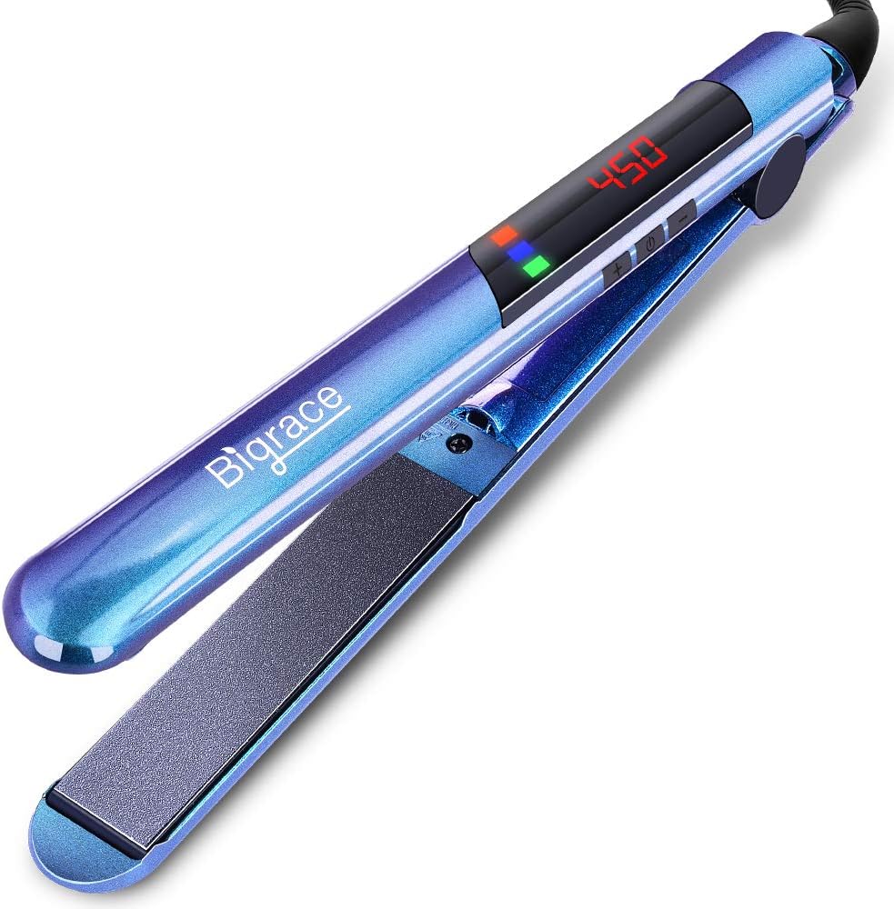 Flat Iron, Portable Hair Straightener Curls, LED Display 1.1'' Ceramic Plate, Adjustable Temp 265-450℉ Heats Up Fast for Curly, Sensitive, Wavy, Thick Hair, 100V 240V Duel Voltage Travel, Chameleon