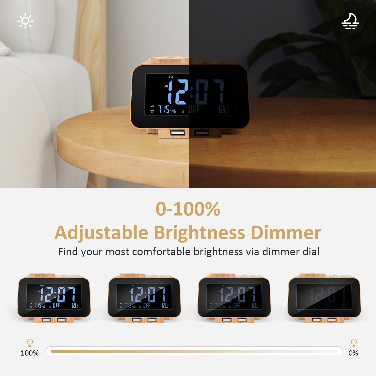 USCCE Digital Alarm Clock Radio - 0-100% Dimmer, Dual Alarm with Weekday/Weekend Mode, 6 Sounds Adjustable Volume, FM Radio w/Sleep Timer, 2 USB Charging Ports, Thermometer, Battery Backup(Wood Grain)