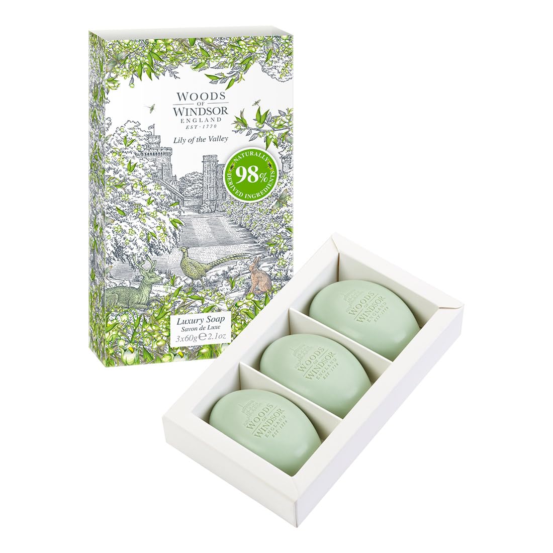 Woods of Windsor Lily Soap Bars, Moisturising Shea Butter Soap Bar, Vegetable Based Fine Milled Soap with Notes of Geranium and Citrus, Hand and Body Soap, Lily of the Valley Scent 3 x 60g