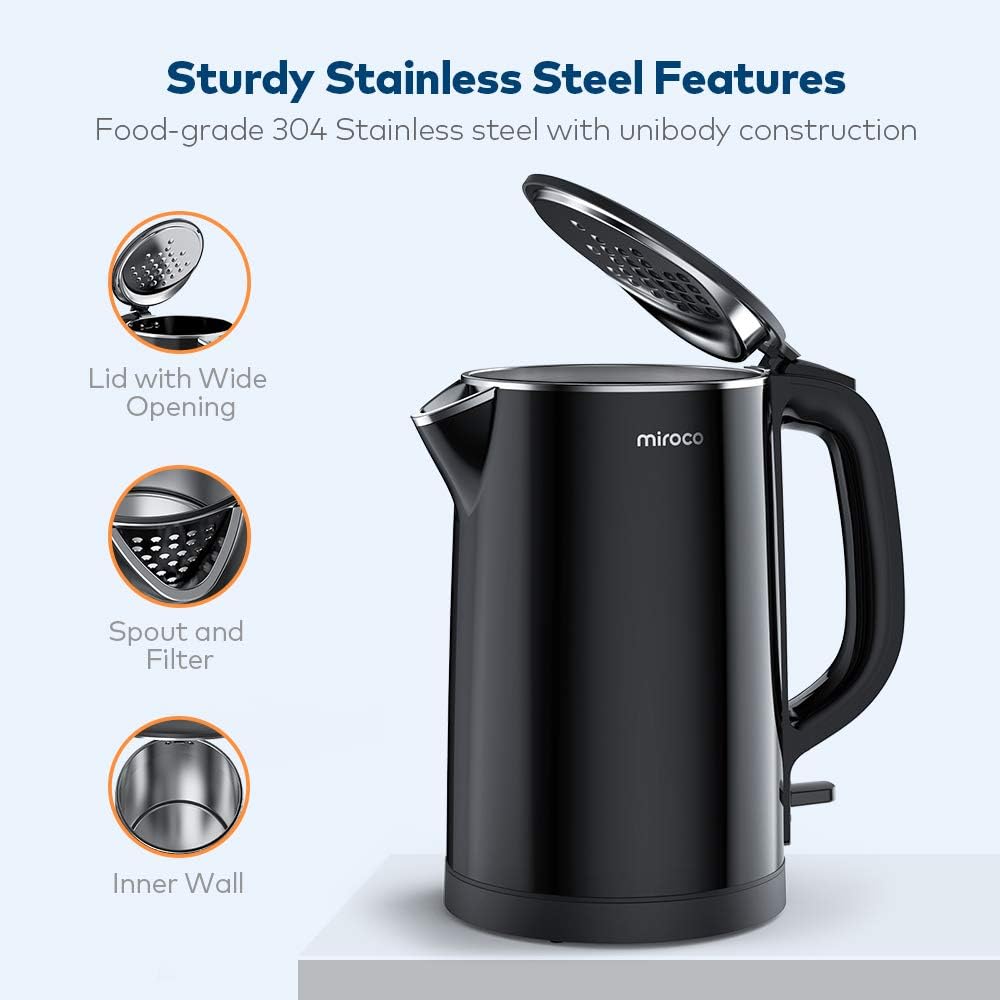 Electric Kettle, Miroco 1.5L Double Wall 100% Stainless Steel BPA-Free Cool Touch Tea Kettle with Overheating Protection, Cordless with Auto Shut-Off: Kitchen & Dining
