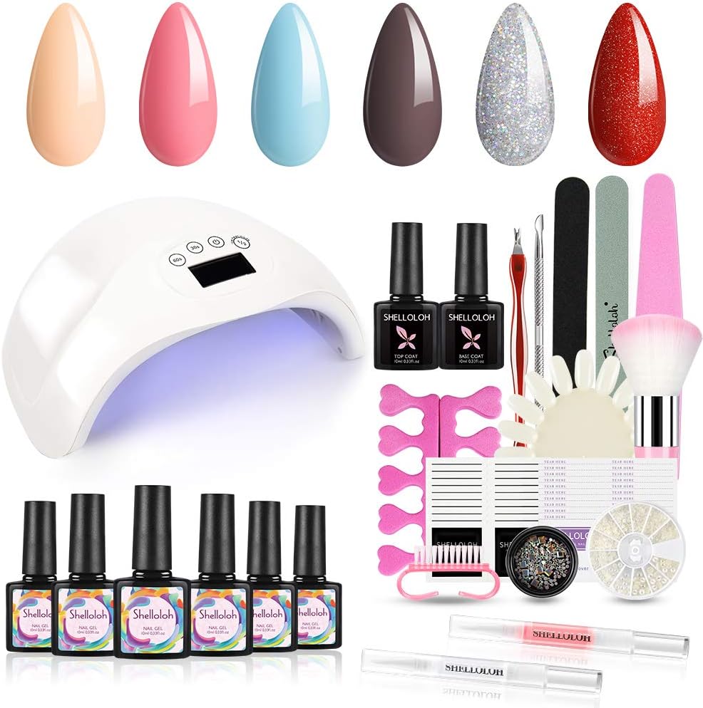 Shelloloh 6 Colors Gel Nail Polish Starter Kit with 48W Manicure Dryer Lamp Top and Base Coat Set, DIY Manicure Tools Design Kit for Home Salon