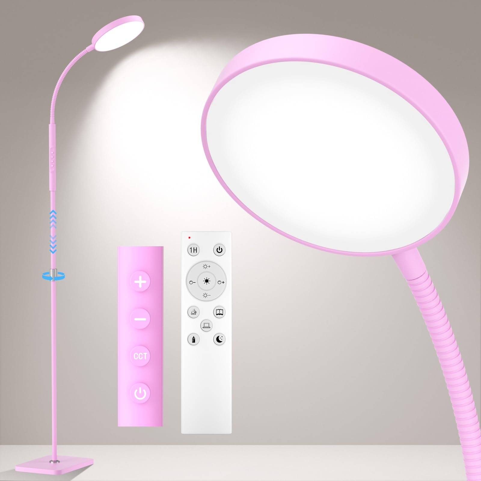 PACOVY Floor Lamp, Adjustable Height Floor Lamps for Living Room Bedroom, 120 LED Super Bright Standing Lamp Remote Control Dimmable Gooseneck Tall Stand Reading Lamp for Office Craft, Pink Image