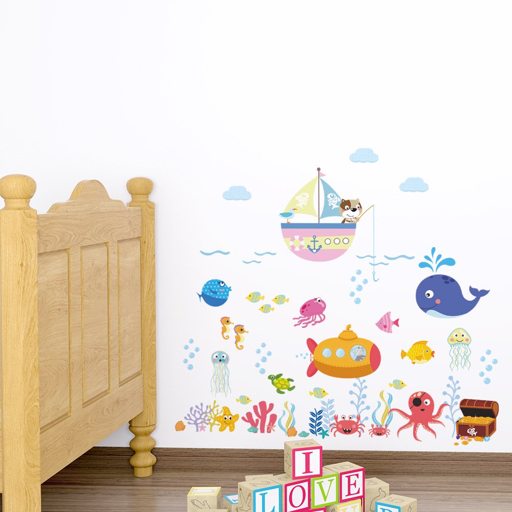 Children's room cartoon sea animal theme wall stickers ocean wall stickers cute fish multi-color suitable for children's room (under the sea) (color)