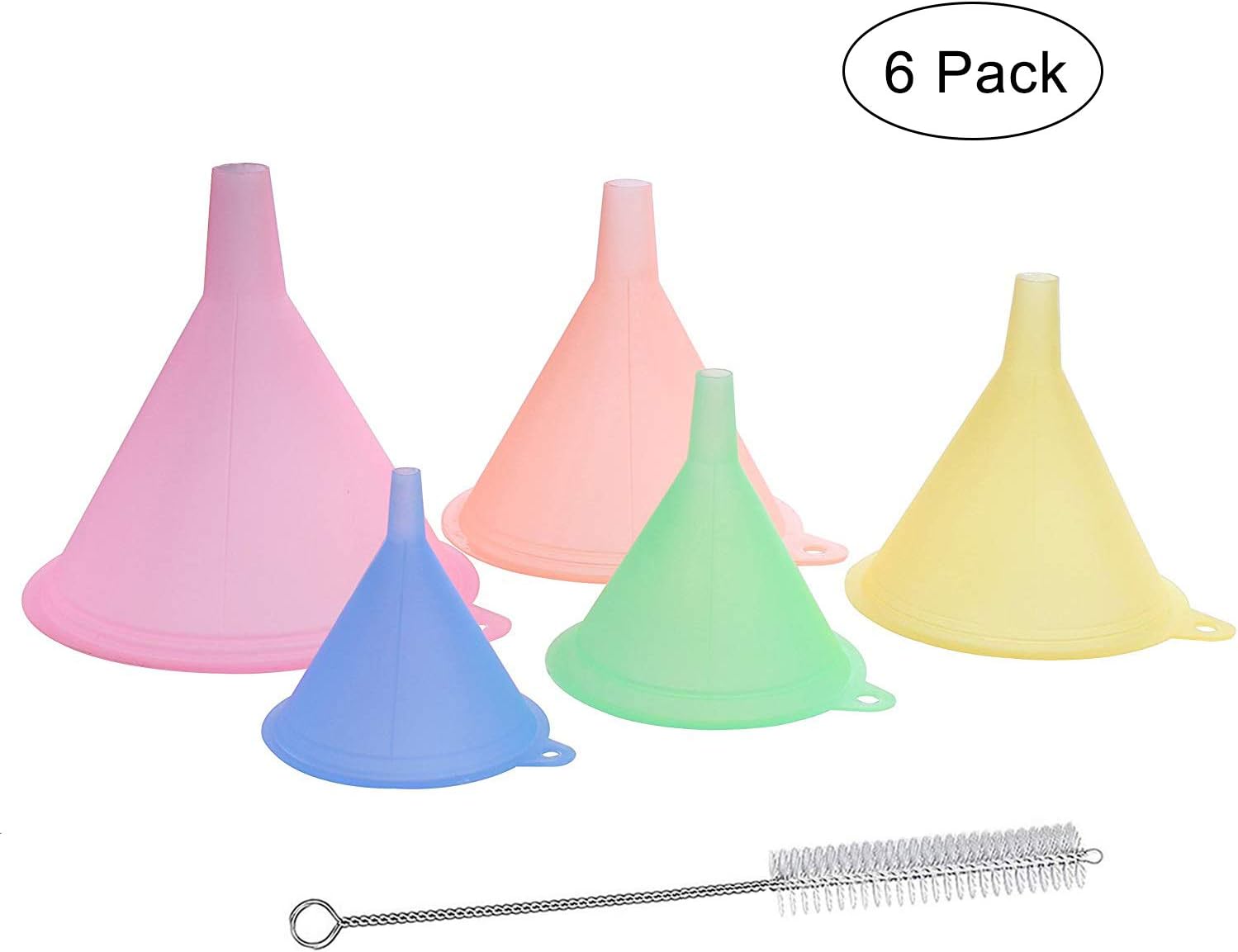 Emual General Purpose Plastic Funnels Color Funnel Set for Quick and Clean Transferring Liquids, Dry Goods, Between Pitchers, Bottles, Cans and Containers, Assorted Sizes and Colors 6 Pack