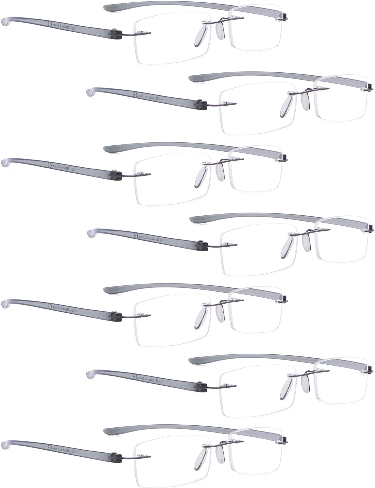 READING GLASSES 7 pack Small Lens Rimless Readers (Grey Arm)