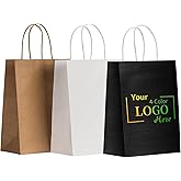 RACETOP 50 PCS Custom Paper Bags with Logo for Small Business, 8x4.5x10.8 Inch Medium Size, Personalized Gift Bags, Brown Shopping Paper bag with Handle, White Goodie Bag, Bulk