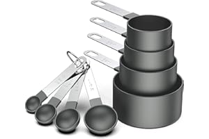 RUNZI 8 Pcs Measuring Cups and Spoons Set, Stackable Black Measuring Spoons for Measuring Dry and Liquid Ingredients Small Teaspoon with Plastic Head