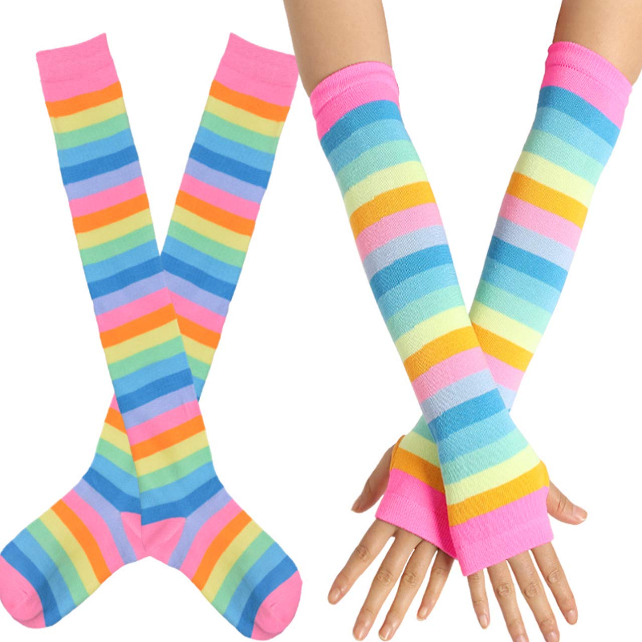 CHIC DIARY Women's Fingerless Arm Knee Rainbow Colourful Stripes Gloves Overknee Stockings Cheerleader Carnival Costume, One size, Colour 3