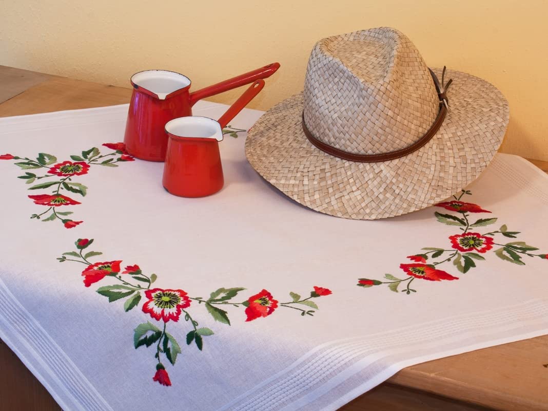 DECO-LINE Poppies 80X80CM Printed Tablecloth Embroidery KIT, WHITE