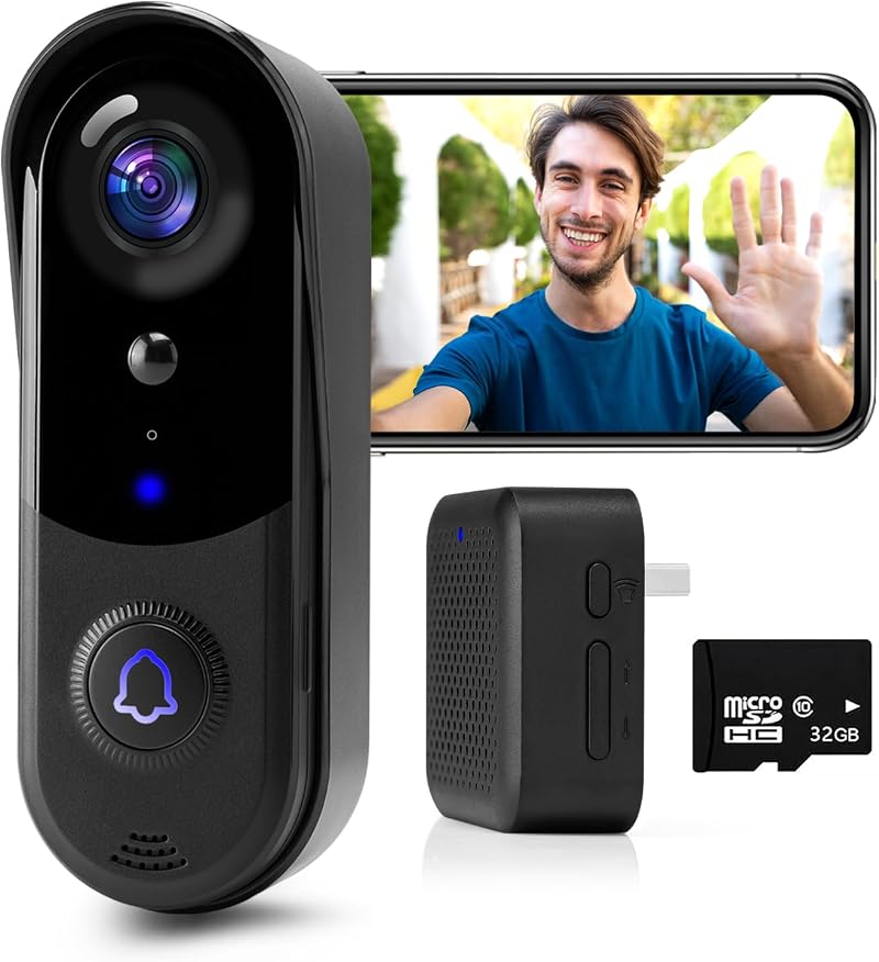 PEKNIU Wireless Doorbell Camera 1080p HD NO Monthly Fee 32GB Card 2-Way Audio