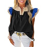 Tankaneo Womens Ruffle Color Block Tank Tops Summer Casual Dressy V Neck Pleated Blouse Loose Fit Sleeveless Shirts