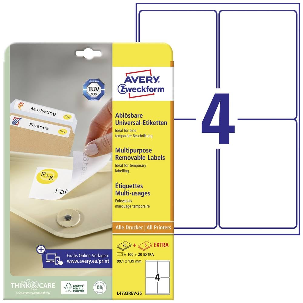 Avery Zweckform L4733REV-25 Universal Labels 25 Sheets / 100 Labels / 99.1 x 139 mm White — image 1