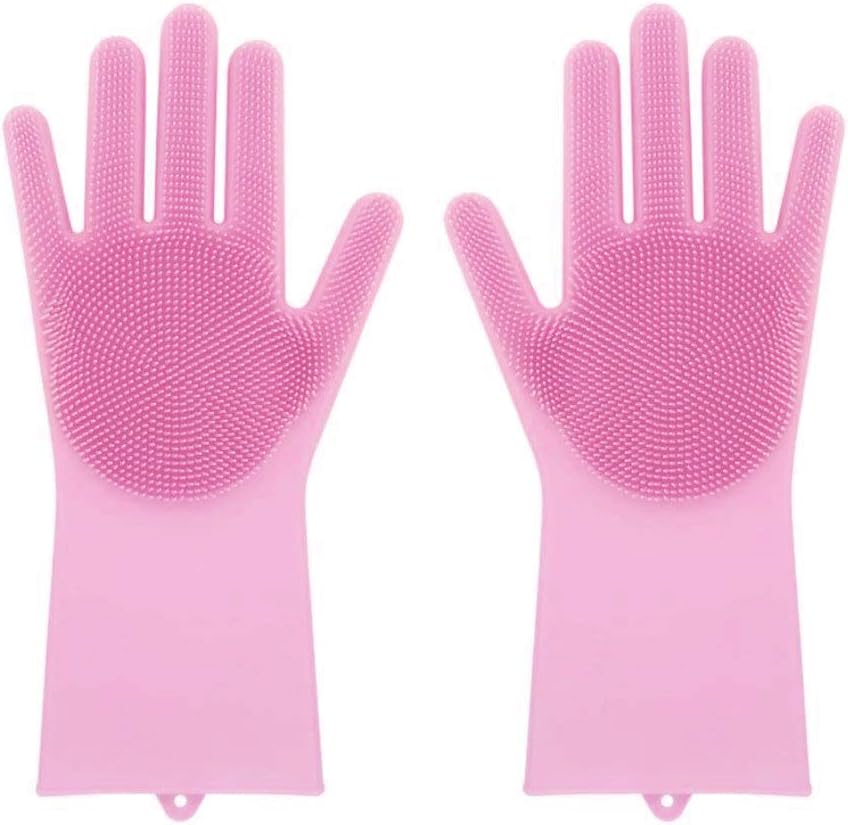 Magic SakSak Silicone Cleaning Brush Scrubber Gloves Heat Resistant, Great for Dish wash, Cleaning, Pet Hair Care (Pink)