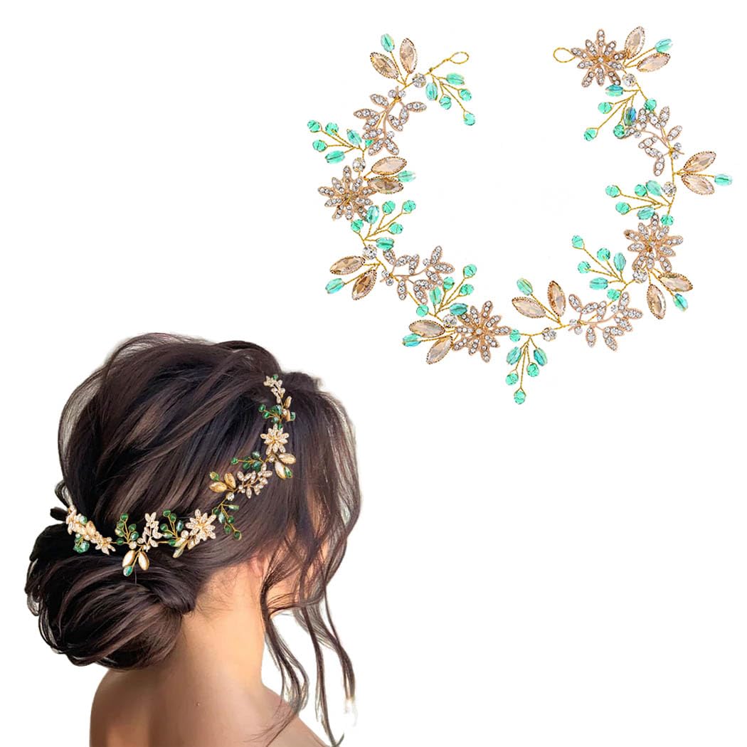 IYOU Crystal Bridal Hair Vine Green Rhinestone Wedding Headband Leaf Headpiece Prom Guest Hair Accessories for Brides and Bridesmaid