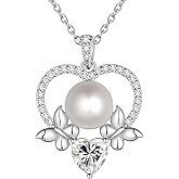 Jewmon Valentine Day Giftsf for Her Natural Freshwater Pearl Necklace for Women 925 Sterling Silver Butterfly Pendant Necklace Bow Cubic Zirconia Charm Elegant Pearl Wedding Bridal Jewelry for Her