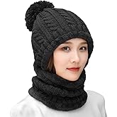 HUAMULAN Women Winter Beanie Hats One Piece Fleece Lined Knit Balaclavas Mask Set Skull Neck Circle Scarf Ski Snow Hat Pompom