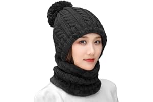 HUAMULAN Women Winter Beanie Hats One Piece Fleece Lined Knit Balaclavas Mask Set Skull Neck Circle Scarf Ski Snow Hat Pompom